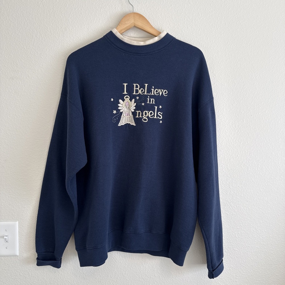 I Believe In Angels Vintage Embroidered Double Collar Sweatshirt XL